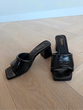 Feners Black Patent Leather Block Heel Mules